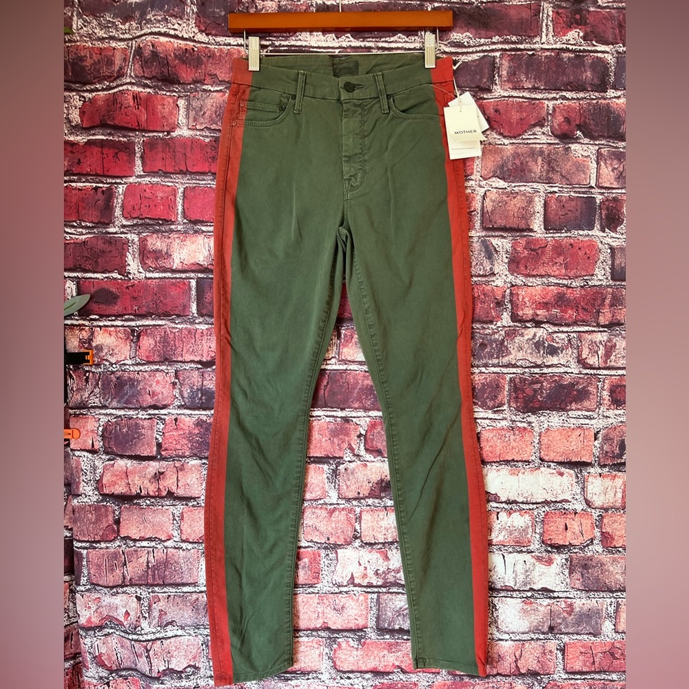 MOTHER The Looker Skinny Jeans in Killing Time Fatigue Green Red Stripe